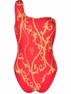 Ganni Red Baroque-print One-shoulder Swimsuit In Orange