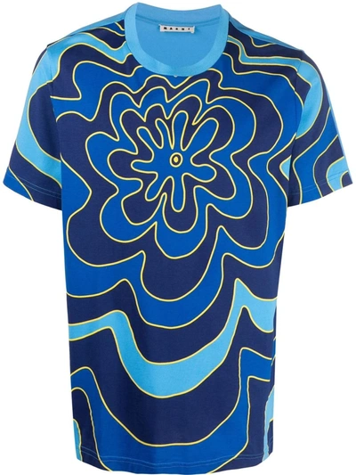 Marni Blue & Yellow Floral Logo T-shirt In Azure