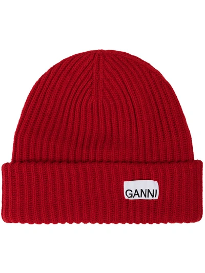 Ganni Ribbed Recycled Wool-blend Beanie In High Risk Red