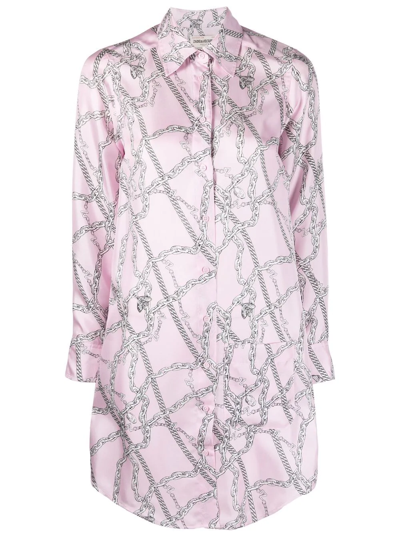Zadig & Voltaire Chain Print Long Sleeve Silk Shirtdress In Dragee