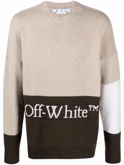 Off-white Logo-jacquard Colour-block Wool Jumper In Beige,brown,white