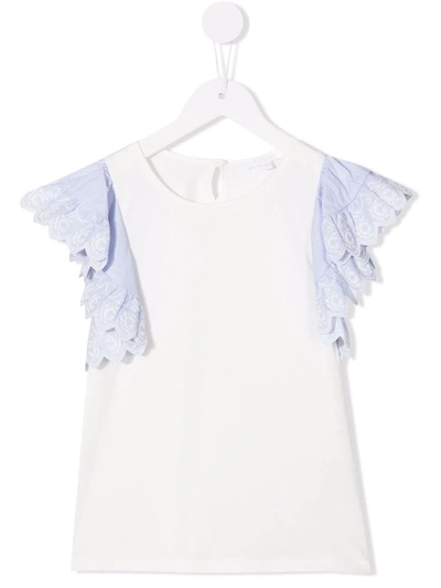 Chloé Kids White Top With Striped Ruffles On The Sleeves With Embroidered C