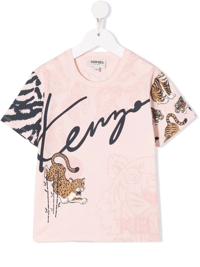 Kenzo Kids' Pink Half-sleeve T-shirt With Logo And Print