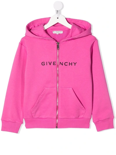 Givenchy Kids' Girl Pink Blend Cotton Hoodie With Logo Print In Fuchsia