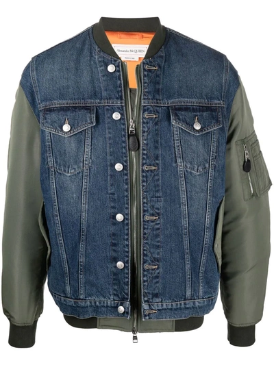 Alexander Mcqueen Denim And Technical-shell Bomber Jacket In Blue