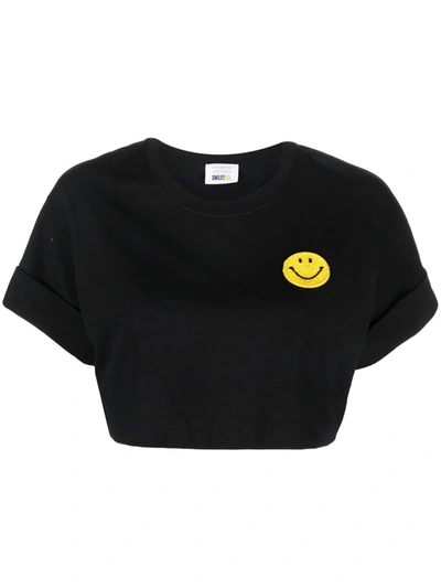 Philosophy Di Lorenzo Serafini Black Cropped Cotton T-shirt With Smiley Print In Nero