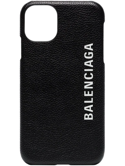 Balenciaga Logo Print Iphone 11 Leather Case In Black