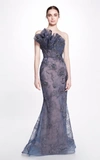 Marchesa Strapless Metallic Embroidered Mermaid Gown In Purple