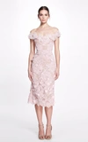 MARCHESA OFF-THE-SHOULDER CORDED LACE MIDI DRESS