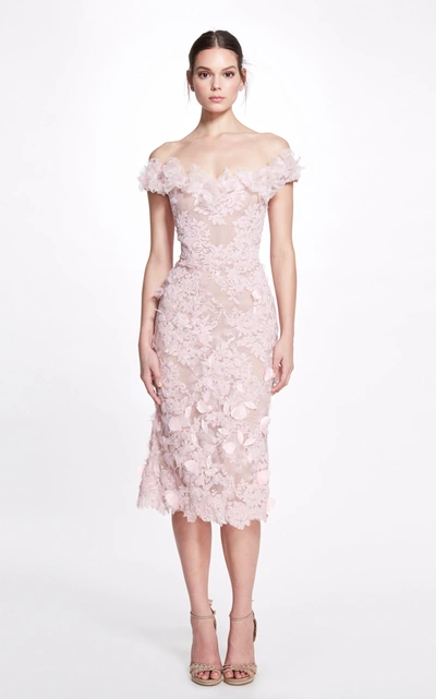 Marchesa Off-the-shoulder Corded Lace Midi Dress In Blush