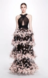 MARCHESA TIERED FEATHER-TRIMMED TULLE GOWN