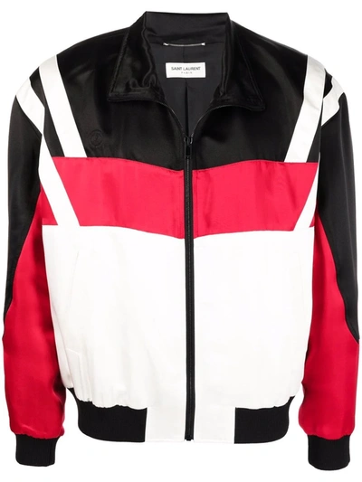 Saint Laurent Black/white/red Satin Bomber Jacket In Multicolor