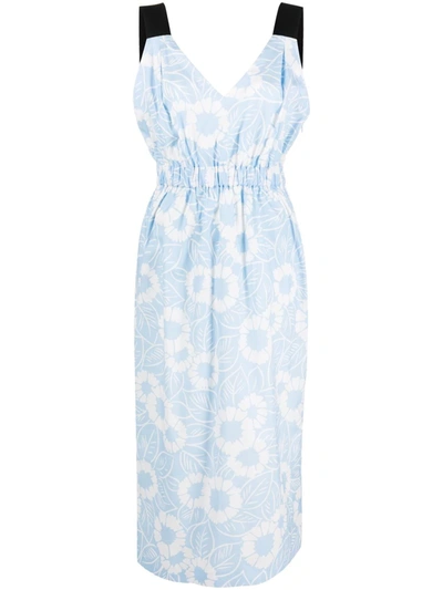 Prada Floral-print Cotton-blend Poplin Dress In Blue
