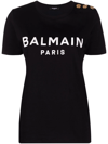 Balmain Black Crewneck T-shirt With Logo Print And Golden Buttons In Jersey Woman In Multicolor