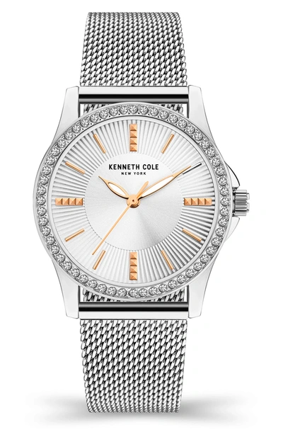 Kenneth Cole Crystal Encrusted 3-hand Quartz Mesh Strap Watch, 33.5mm In Silver