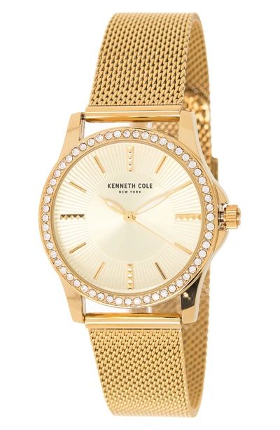 Kenneth Cole Crystal Encrusted 3-hand Quartz Mesh Strap Watch, 33.5mm In Gold