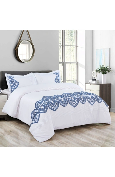 Melange Padma Embroidered Duvet 3-piece Set In Navy On White