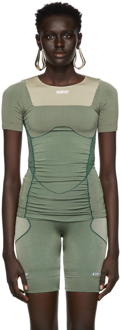 Off-white Shiny Seamless Logo-knit Fitted T-shirt In Green White
