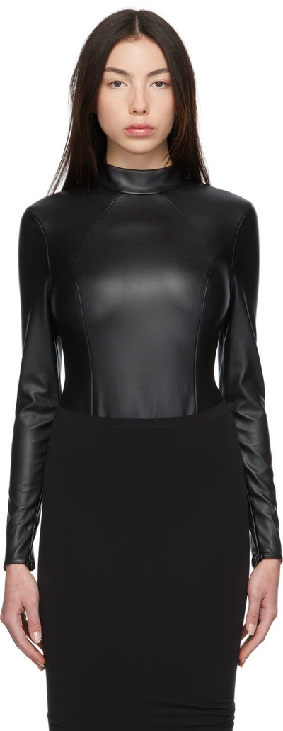 Wolford + Amina Muaddi Vegan Leather Turtleneck Thong Bodysuit In Black