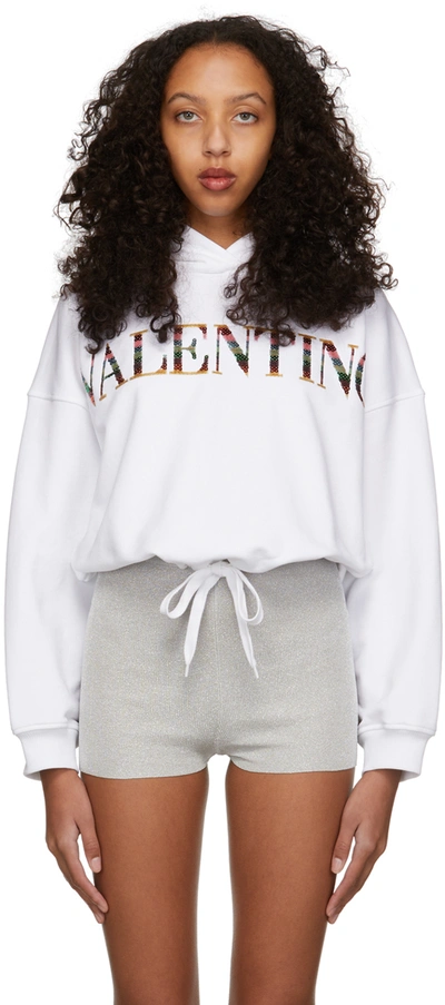 Valentino Women's Logo-sequined Cotton Hooded Sweatshirt In White