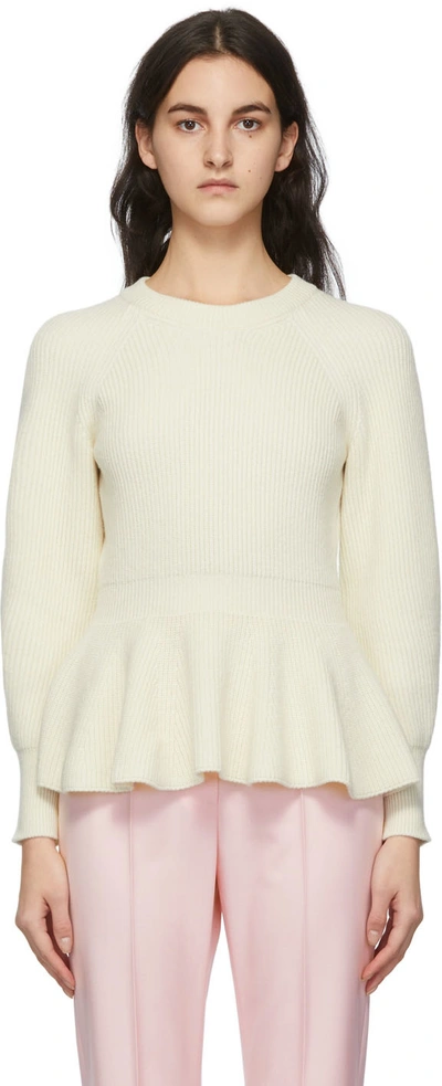 Alexander Mcqueen Shoulder-zip Peplum Ribbed Wool Sweater In White