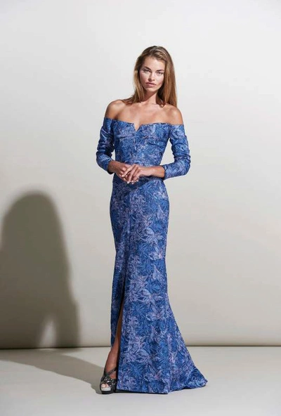 Rene Ruiz 3/4 Sleeve Evening Gown In Blue