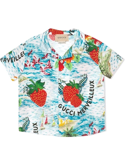 Gucci Kids Strawberry Smoothie Print Shirt (6-36 Months) In Blue