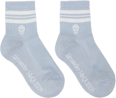 Alexander Mcqueen Blue & White Metallic Stripe Skull Sport Socks In Sky Blue White