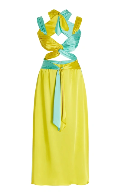 Halpern Women's Twisted Satin Midi Dress In Aqua And Lemon
