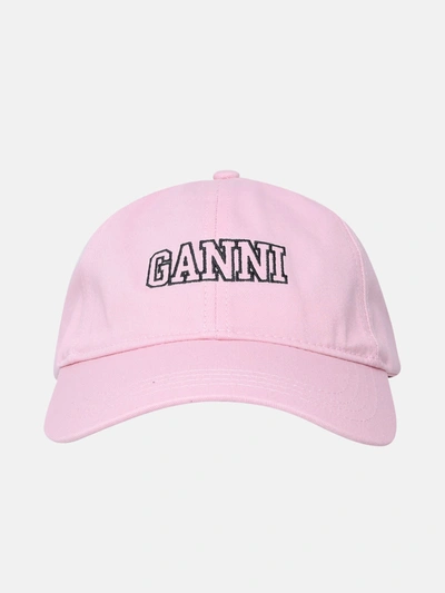 Ganni Logo刺绣有机棉棒球帽 In Pink