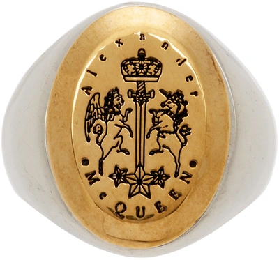 Alexander Mcqueen Silver & Gold Signet Ring In Antique Silver