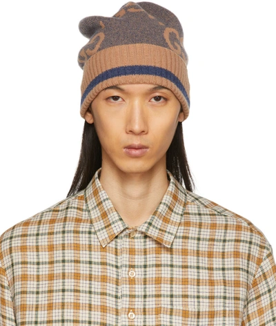 Gucci Blue & Brown Cashmere Beanie In Grey