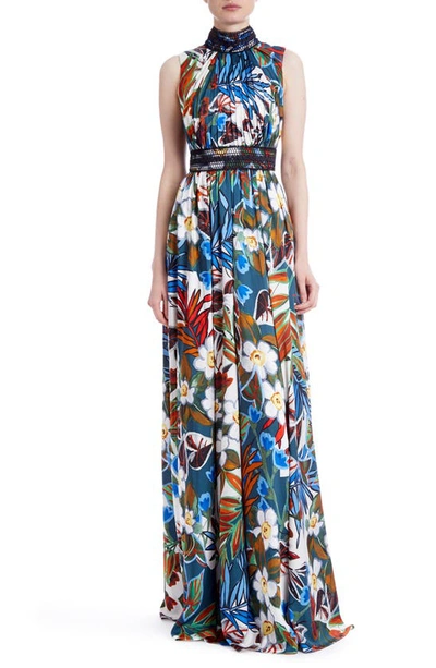 Badgley Mischka Lace-trimmed Floral-print Satin-twill Gown In Blue Multi |  ModeSens