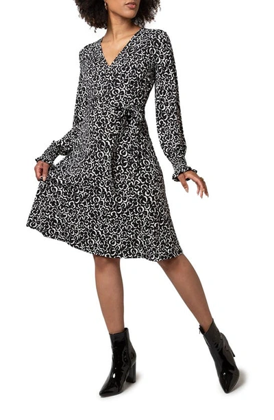 Leota Perfect Long Sleeve Wrap Midi Dress In Graphic Gardenia Black