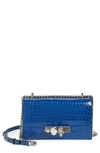 Alexander Mcqueen Croc Embossed Knuckle Ring Leather Shoulder Bag In Washed Indigo