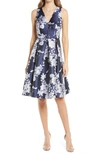 Eliza J Floral Satin Fit & Flare Dress In Navy