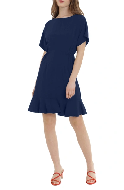 Donna Morgan Ruffle Hem Short Sleeve Dress In Twlight Blue