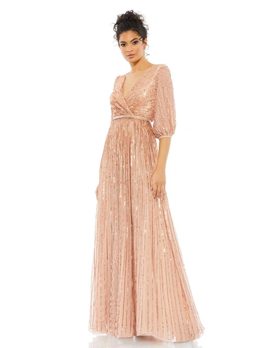 Mac Duggal Sequined Elbow Sleeve Surplice Gown In Apricot