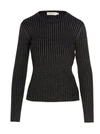 Tory Burch Metallic Stripe Ribbed Merino Wool Sweater In Black