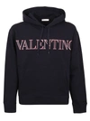 Valentino Logo Print Cotton Jersey Hoodie In Dark Navy