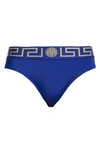 Versace Blue Greca Border Swim Briefs In Bluette Gold