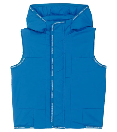 Burberry Kids' Hooded Tech Puffer Vest W/ Logo Trim In Canvas Blue