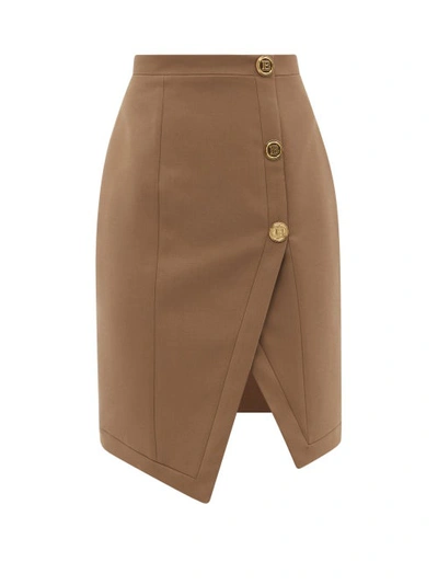 Balmain Asymmetric Three Button Wrap Effect Wool Midi Skirt In Neutral