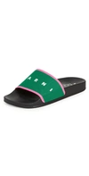 Marni Black & Green Logo Pool Slides In Garden Green