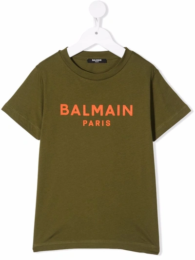 Balmain Kids' Boy's Logo-print Cotton T-shirt In 719 Khaki Green