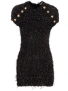Balmain Button-embellished Metallic Bouclé-tweed Mini Dress In Black