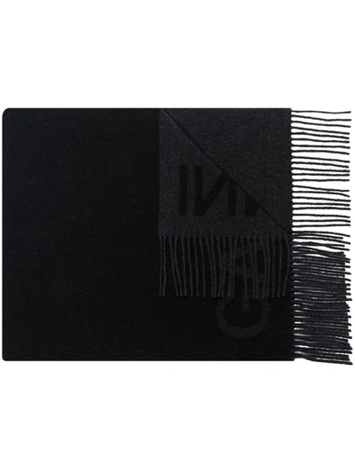 Ganni Recycled Wool-blend Fringe Scarf In Black