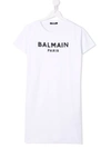 Balmain Kids' Sequin Logo Cotton T-shirt Dress In White