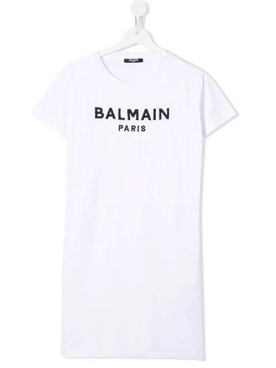 Balmain Kids' Sequin Logo Cotton T-shirt Dress In White