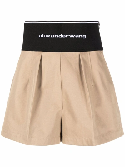 Alexander Wang Logo-waist Pleat-detail Shorts In Brown
